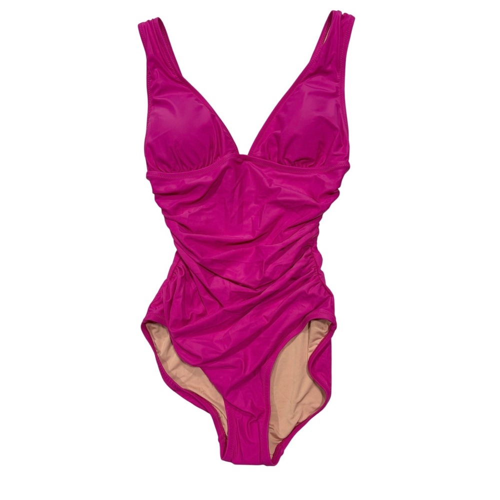 NWT J. Crew One Piece Swimsuit, Ruched Plunge Deep V-neck, Hot Pink, Sz 8 - Picture 2 of 5